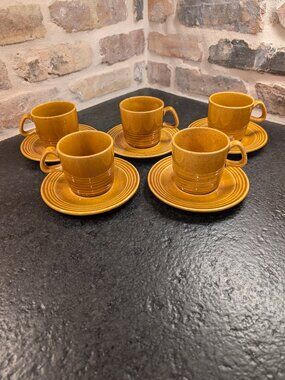 Set of (5) Sheffield Sierra Coffee Cup & Saucer Sets Amber/Gold Scrolls